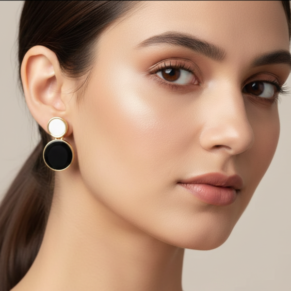Geometric Contrast Color Drop Earrings – Silver Needle Round Design
