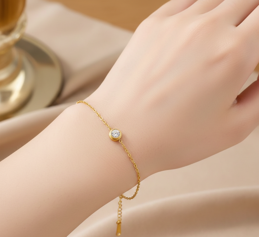 Second image of Luxury Titanium Steel Gold Bracelet – Minimal Crystal Chain