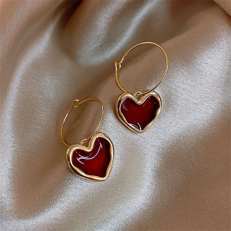 Second image of New Fashion Wine Red Love Hoop Earrings