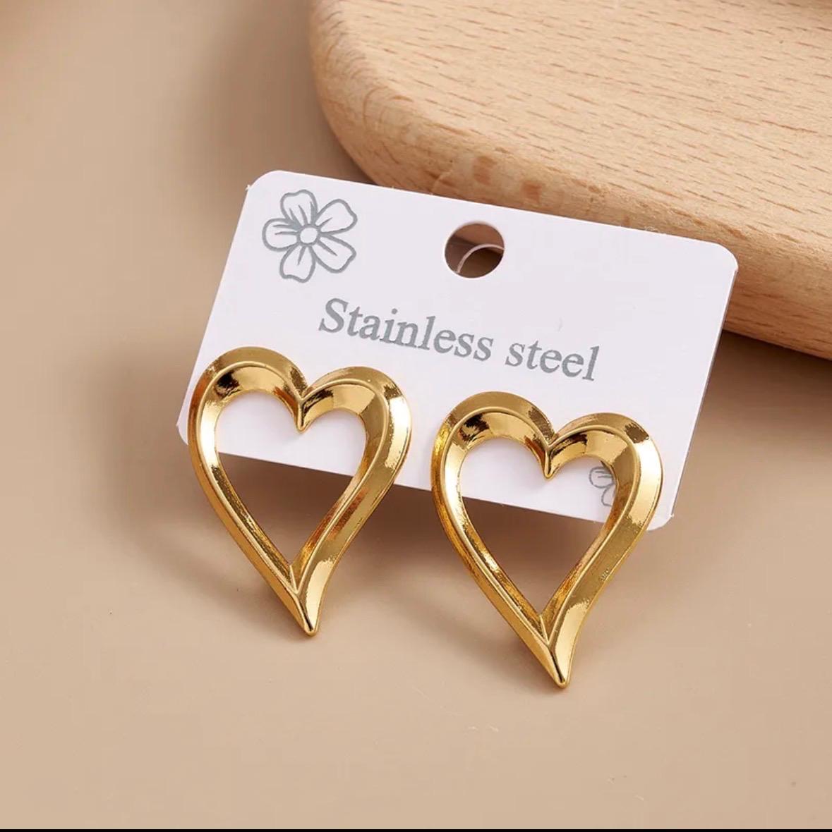 INS Style Heart Shaped Earrings Stainless Steel Gold Finish