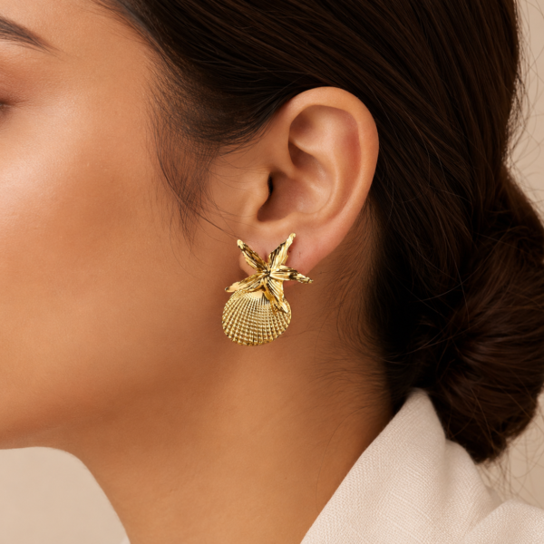 Gold Starfish Shell Drop Stud Earrings