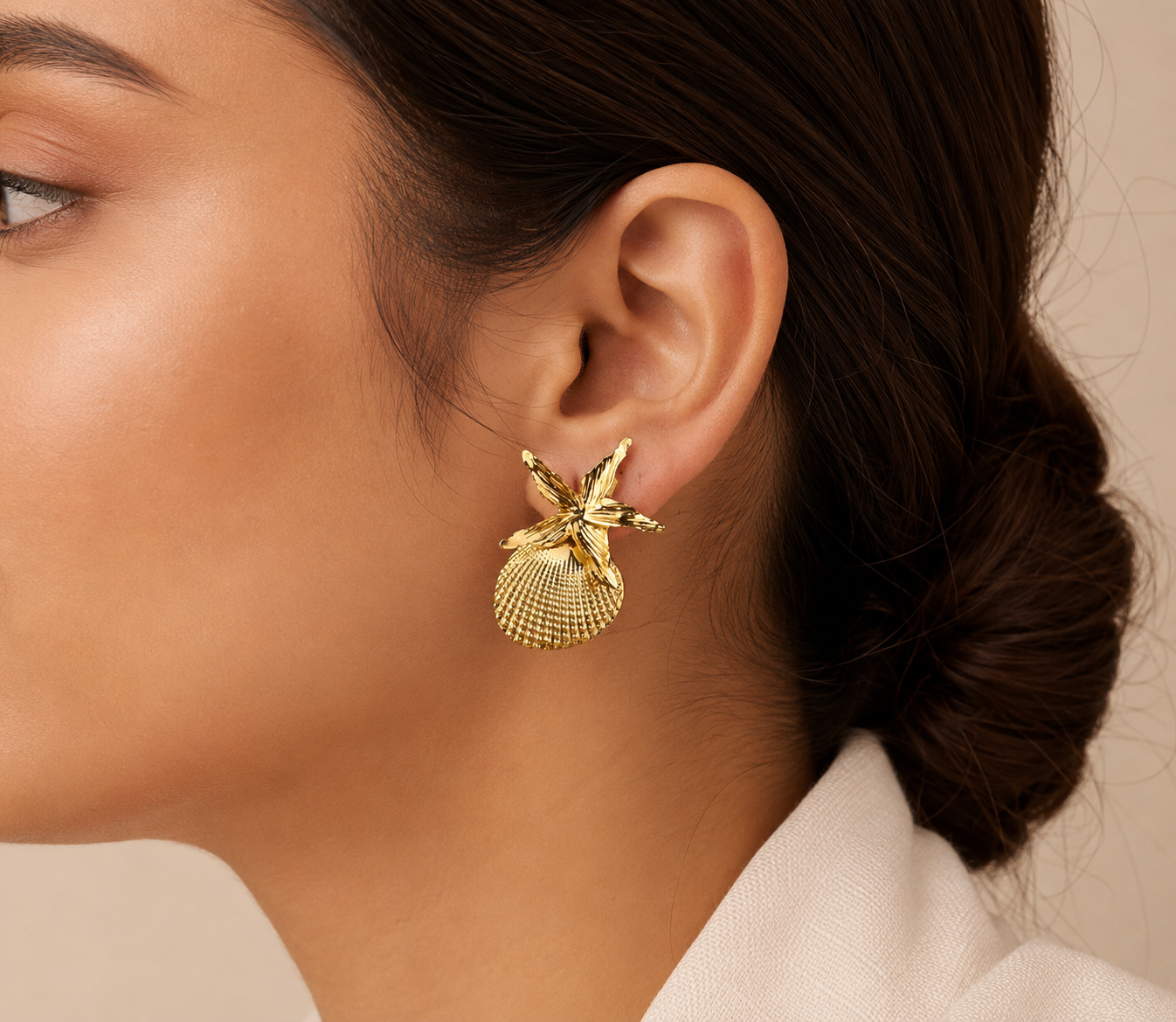 Gold Starfish Shell Drop Stud Earrings