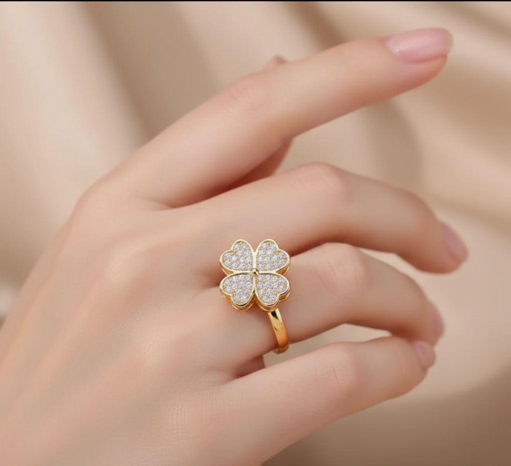 Second image of Clover Zirconia Gold Finish Ring for Women