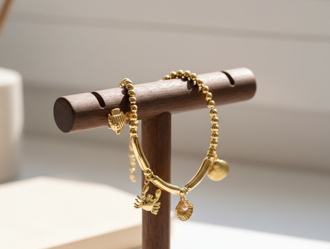 Second image of Luxury Ocean Charm Bracelet Gold Bead Chain