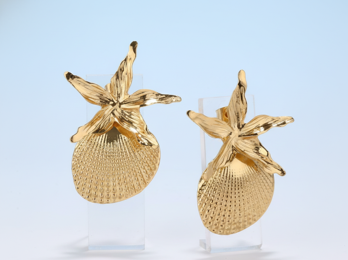 Second image of Gold Starfish Shell Drop Stud Earrings