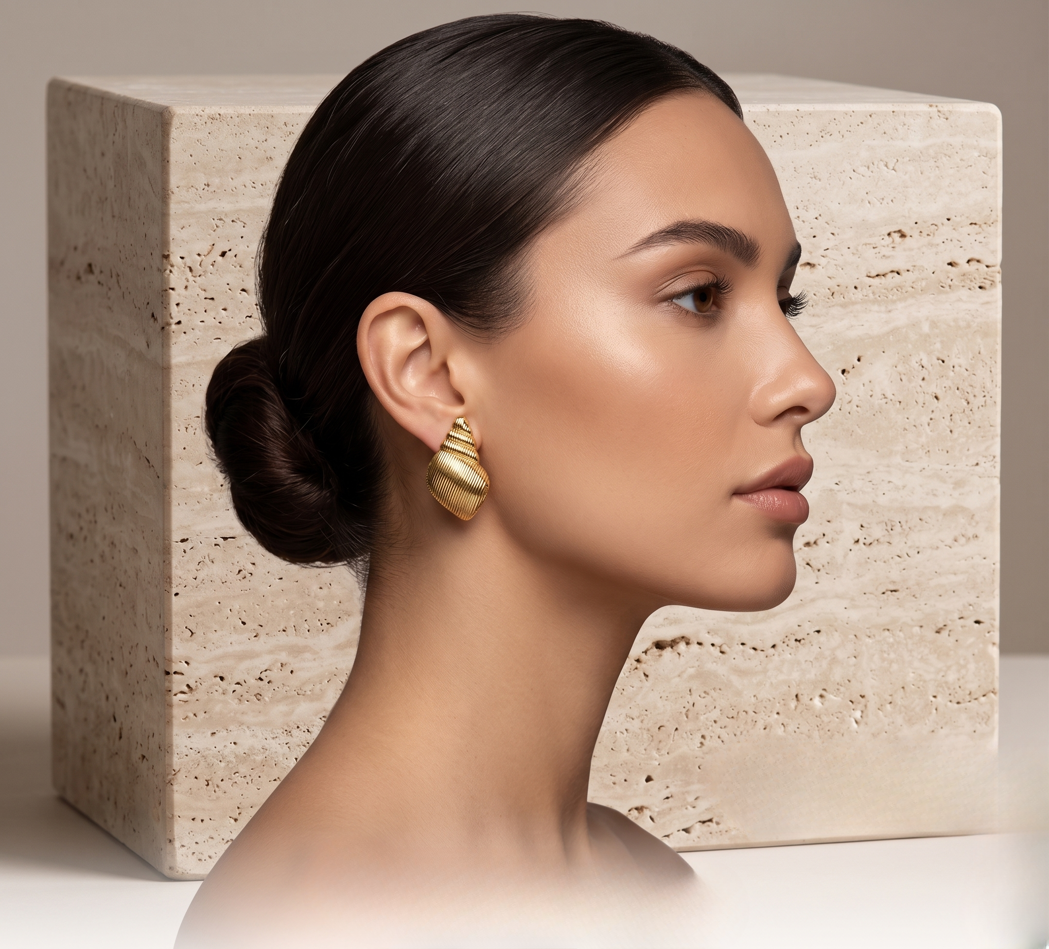 Gold Ribbed Conch Shell Stud Earrings