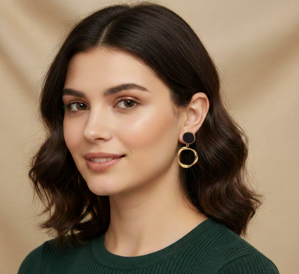 Silver Needle Black & Gold Drop Earrings
