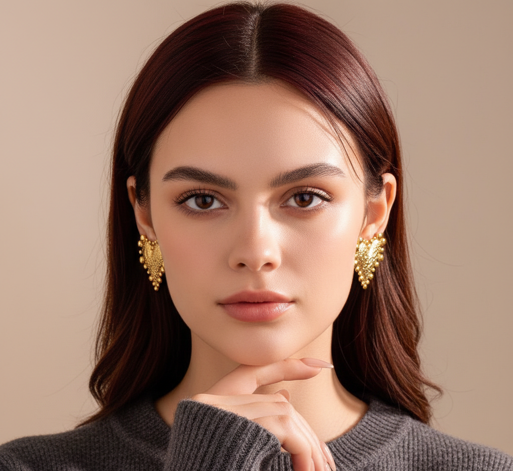 Second image of Real Gold PVD Heart Stud Earrings Retro Exaggerated Design