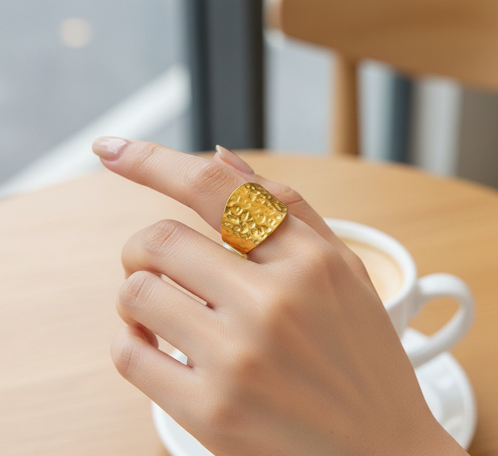 Second image of Stainless Steel Hammered Gold Wide Band Ring