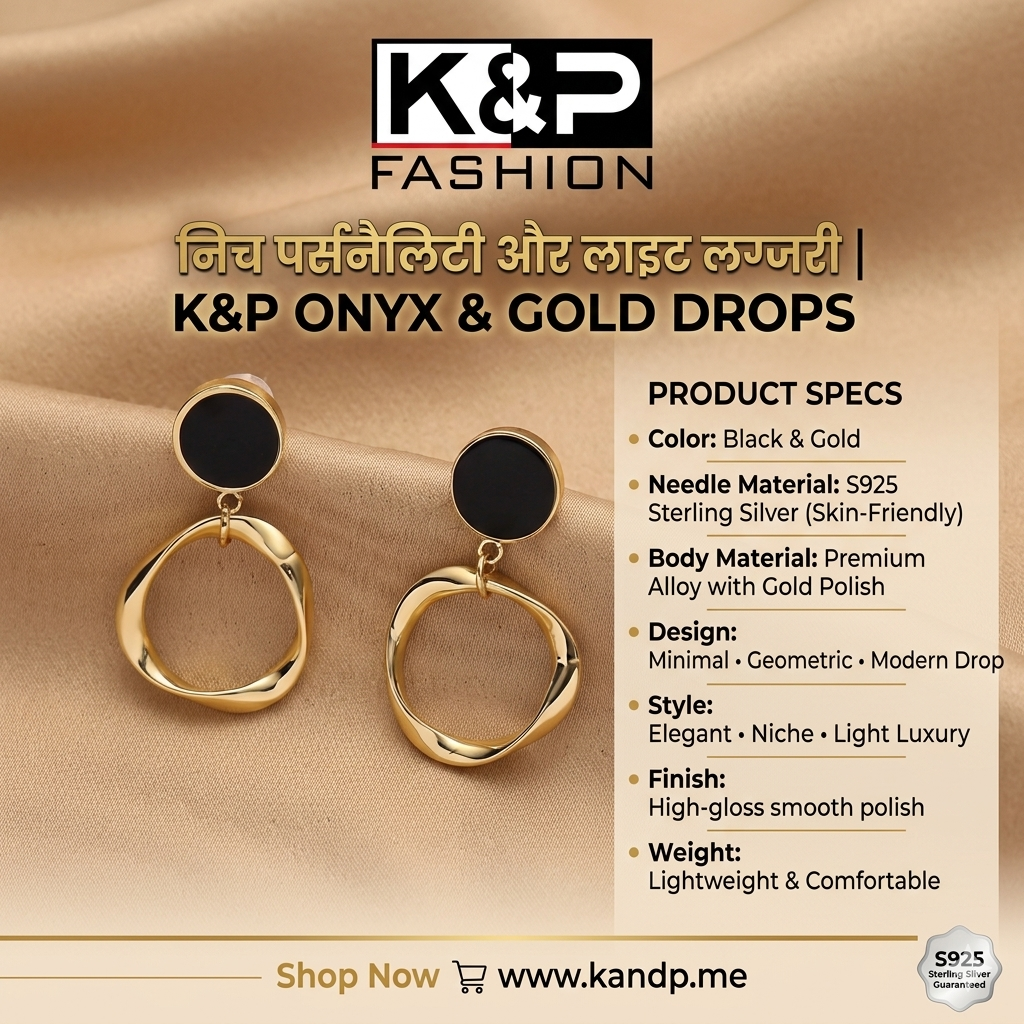 Second image of Silver Needle Black & Gold Drop Earrings