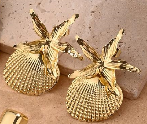 Gold Starfish Shell Drop Stud Earrings