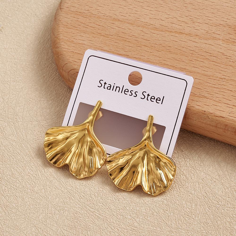 Elegant Hollow Leaf Stud Earrings Stainless Steel Electroplated Gold Finish