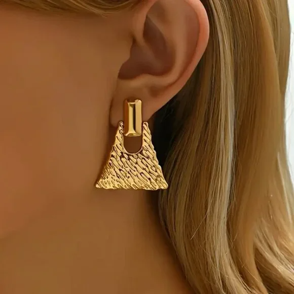 Second image of Hammered Triangle Drop Earrings Gold Finish Stainless Steel