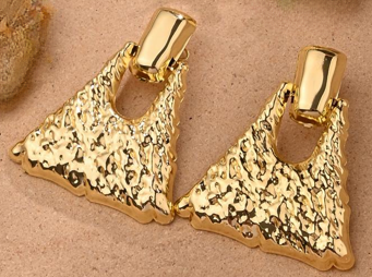 Hammered Triangle Drop Earrings Gold Finish Stainless Steel