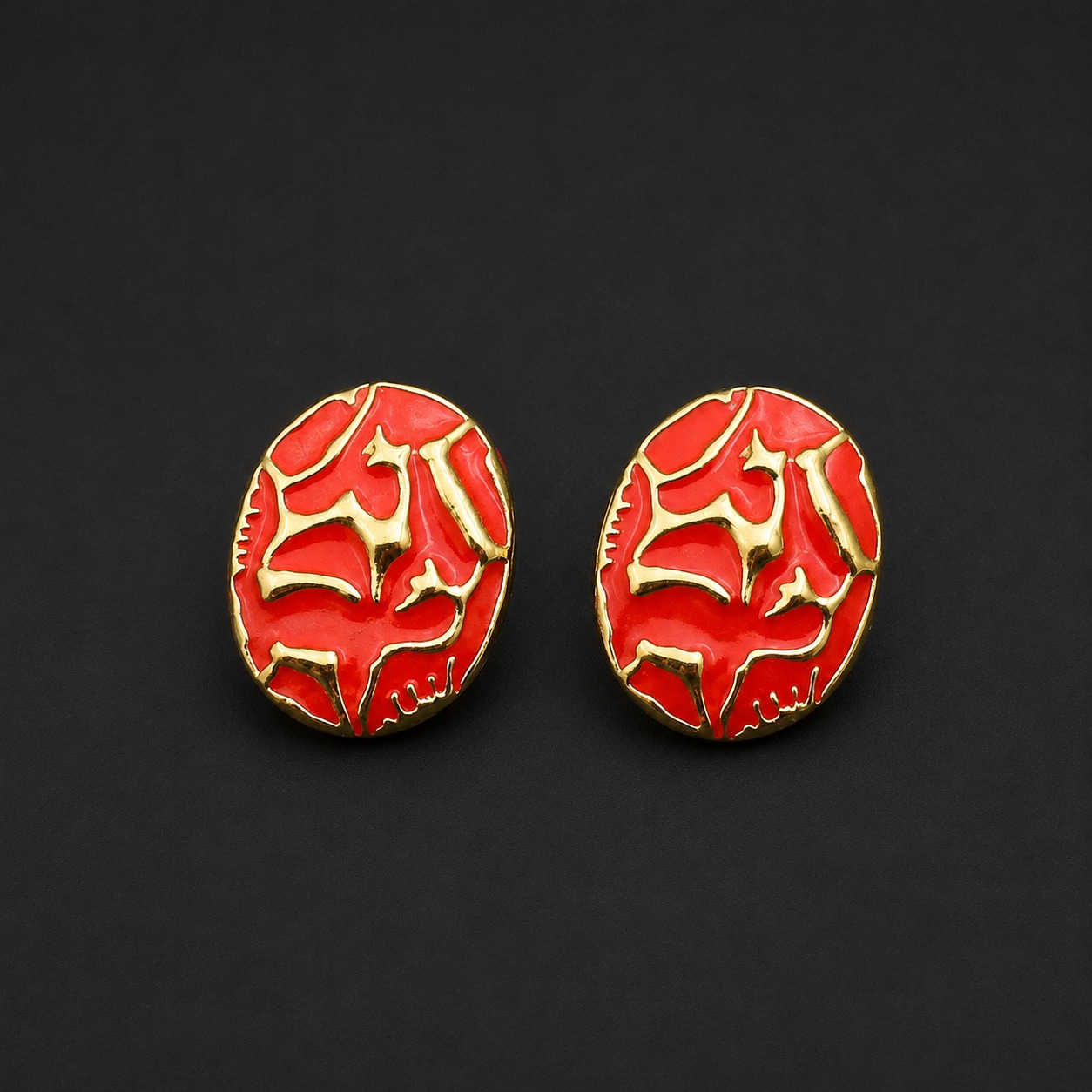 Second image of Red and  Green Oval Enamel Stud Earrings for Women