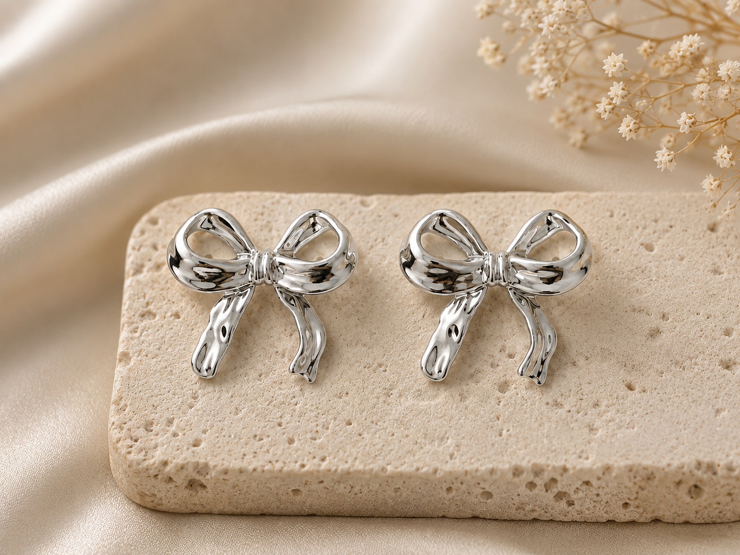 Second image of Silver Bow Stud Earrings