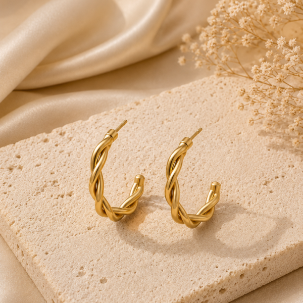 Elegant gold interwoven hoop earrings with braided detailing displayed on a neutral stone background.