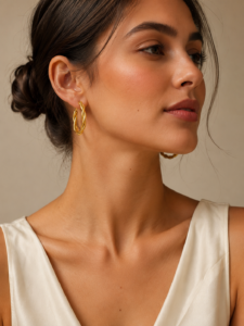Elegant gold interwoven hoop earrings with braided detailing displayed on a neutral stone background.