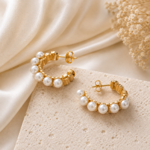 Elegant gold pearl hoop earrings featuring white pearl accents and a textured gold finish.
