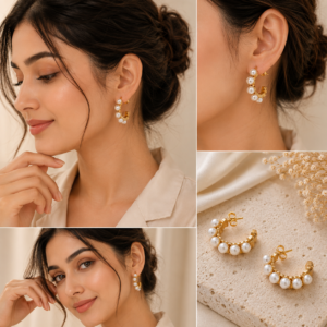 Elegant gold pearl hoop earrings featuring white pearl accents and a textured gold finish.