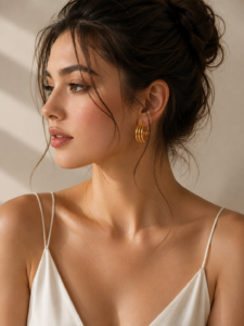 Triple layer gold-plated hoop earrings with modern minimalist design on beige background with blue floral accents.