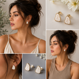 Abstract pearl resin stud earrings with gold-tone border and organic freeform design on a neutral background.