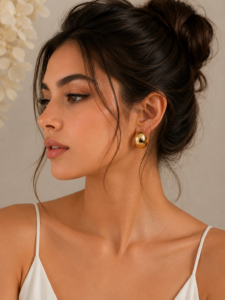 Chunky gold half hoop earrings with polished mirror finish displayed on a neutral background.