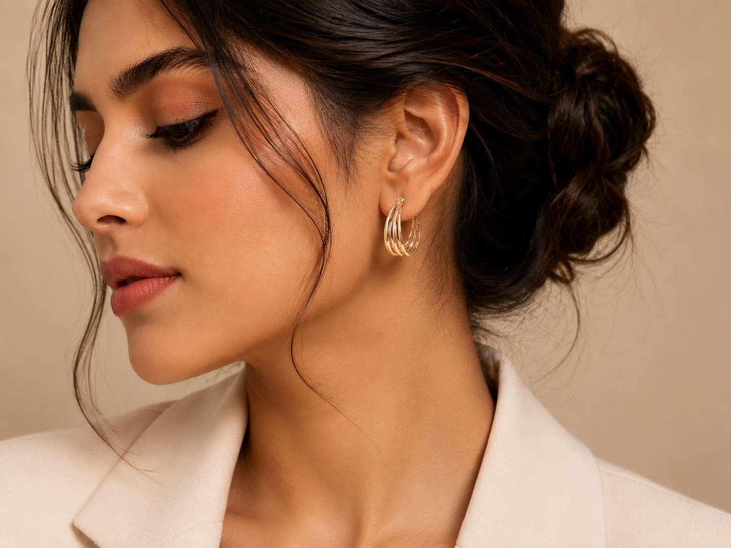 Second image of Gold Triple Layer Hoop Earrings