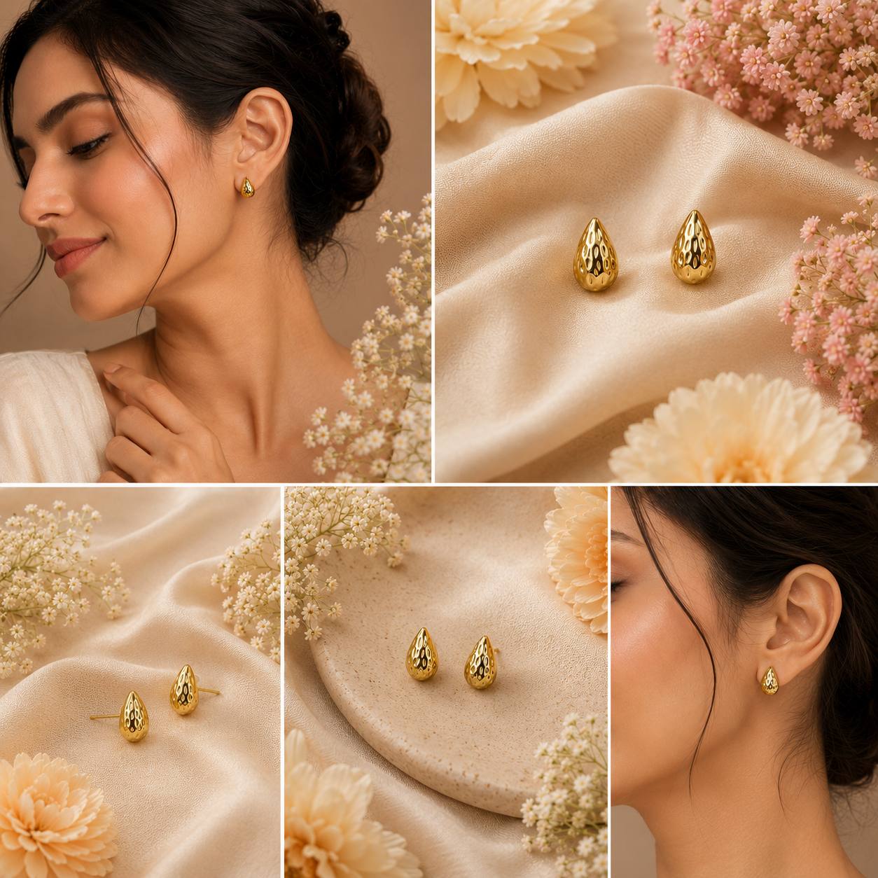 Luxury Gold-Tone Textured Teardrop Stud Earrings