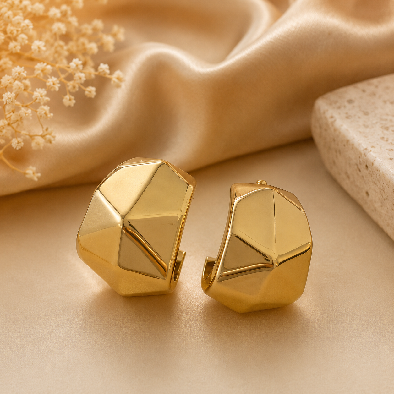 Faceted Geometric Gold Statement Stud Earrings