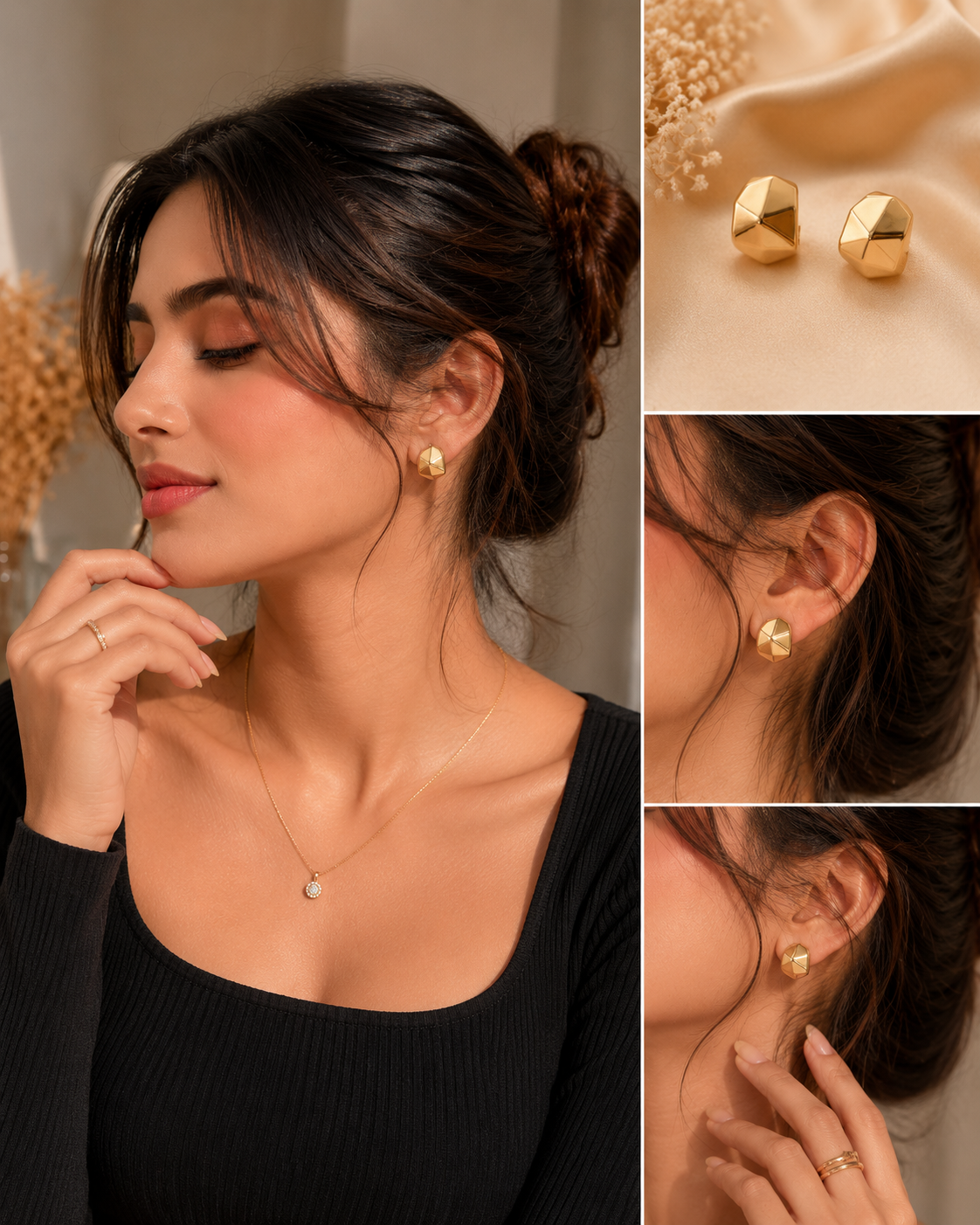 Second image of Faceted Geometric Gold Statement Stud Earrings
