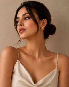 Floral sculpted gold statement stud earrings with petal-inspired design and mirror-polished finish. Suggested SKU