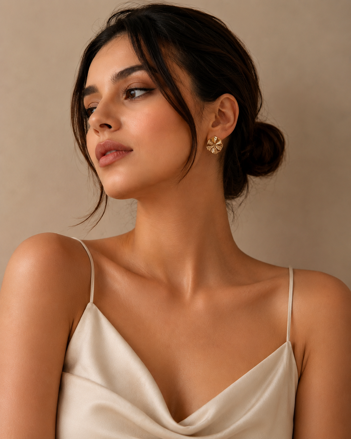 Second image of Floral Sculpted Gold Statement Stud Earrings