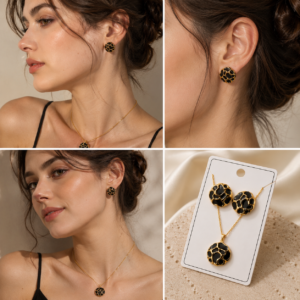 Woman wearing a turquoise enamel pendant necklace and matching stud earrings with gold-tone detailing in a luxury fashion photoshoot.