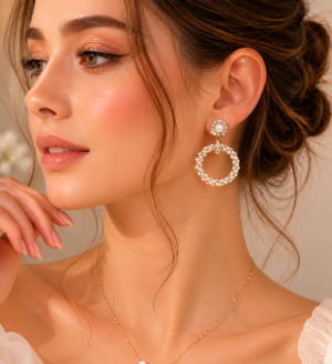 Fashion model wearing luxury pearl crystal hoop earrings with gold-tone detailing in a professional beauty photoshoot