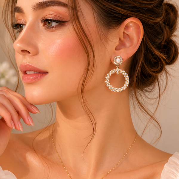 Fashion model wearing luxury pearl crystal hoop earrings with gold-tone detailing in a professional beauty photoshoot