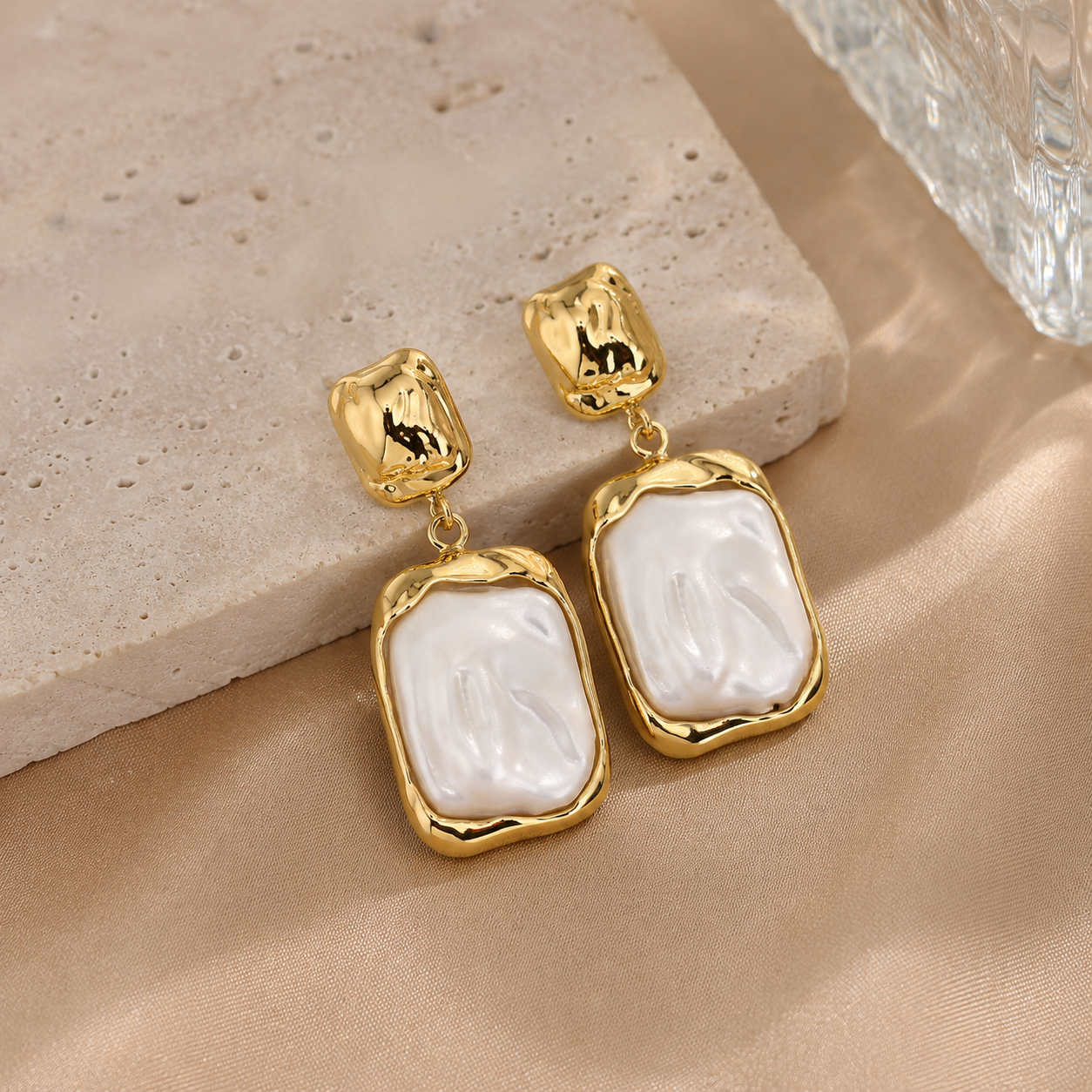 Second image of Pearl Rectangle Gold Tone Drop Earrings with Silver Needle