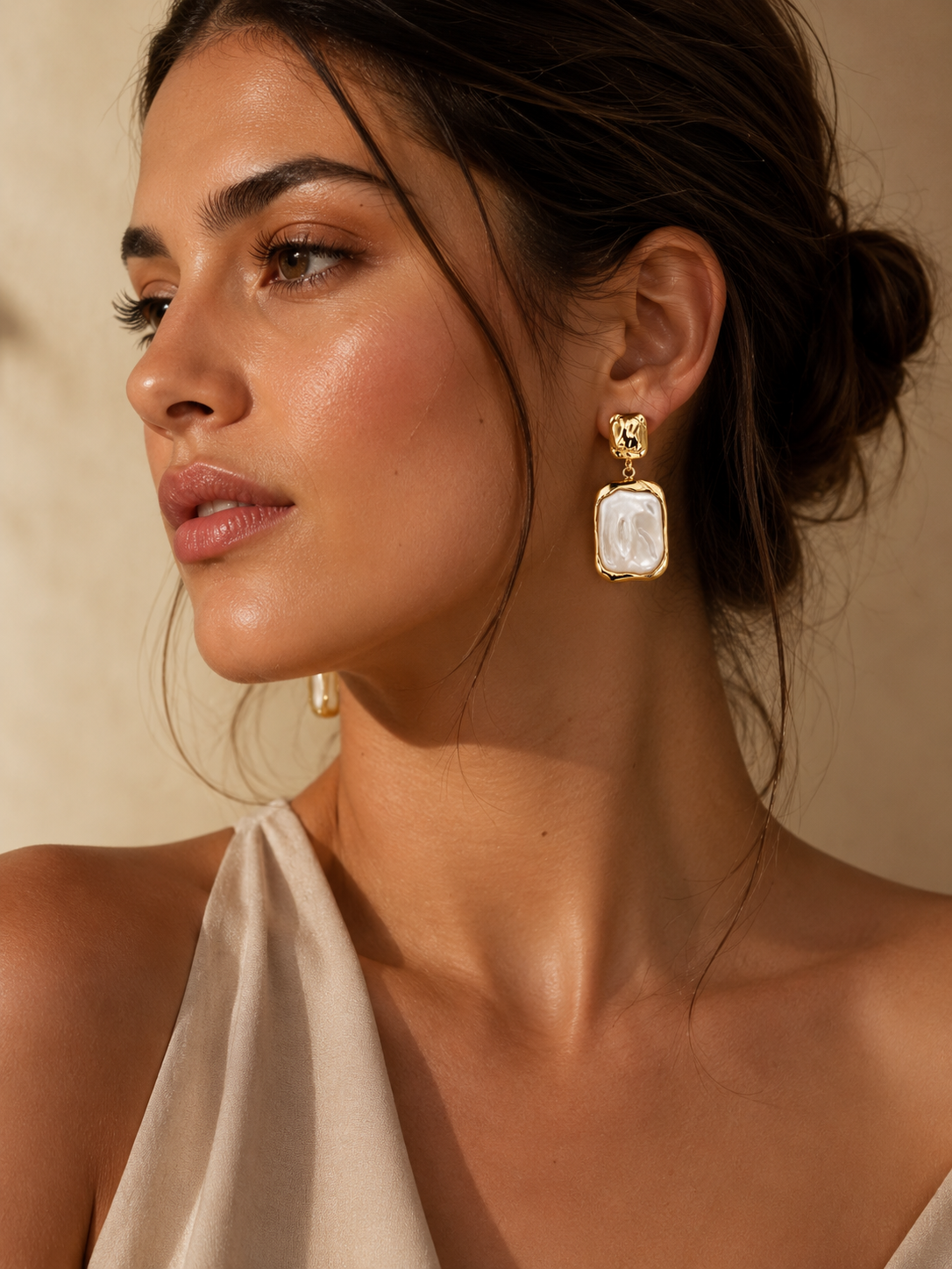 Pearl Rectangle Gold Tone Drop Earrings with Silver Needle