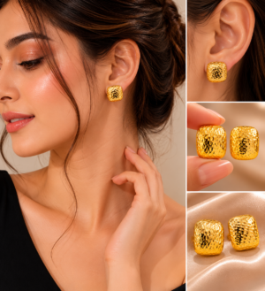 Fashion model wearing textured hammered gold square stud earrings in a luxury beauty photoshoot.