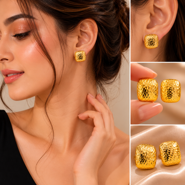 Fashion model wearing textured hammered gold square stud earrings in a luxury beauty photoshoot.