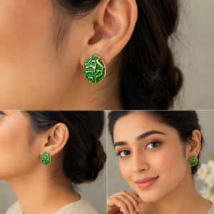 Red,Green enamel oval stud earrings with gold-tone abstract pattern, lightweight statement jewelry for women