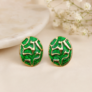 Red,Green enamel oval stud earrings with gold-tone abstract pattern, lightweight statement jewelry for women