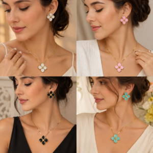 Multi colors floral enamel jewelry set with gold-tone flower pendant necklace and matching stud earrings displayed on a luxury beige background