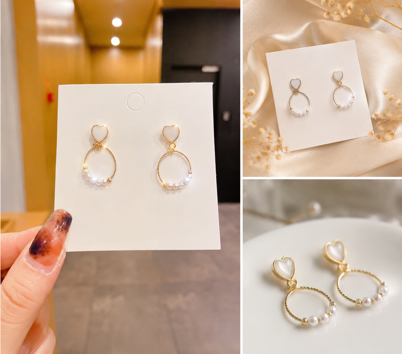 Second image of Elegant Heart Pearl Hoop Drop Earrings – Gold Tone