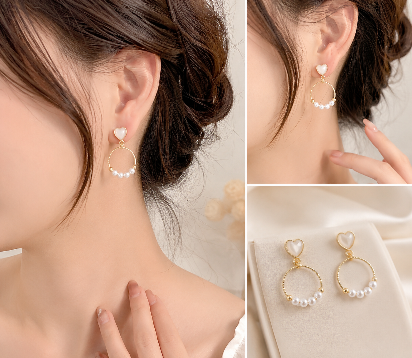 Elegant Heart Pearl Hoop Drop Earrings – Gold Tone