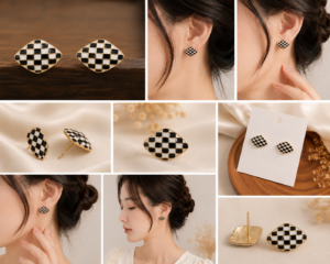 checkerboard enamel stud earrings with gold-tone trim and silver needle posts displayed in a luxury jewelry setting.