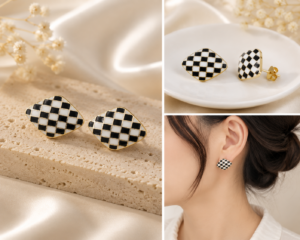 checkerboard enamel stud earrings with gold-tone trim and silver needle posts displayed in a luxury jewelry setting.