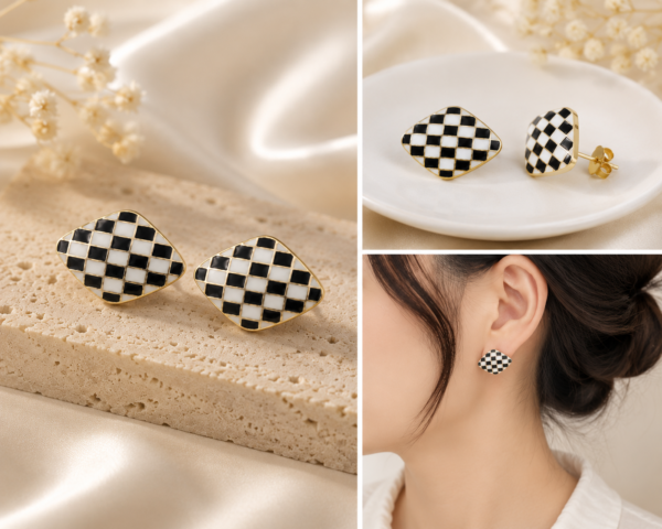 Checkerboard Enamel Stud Earrings with Silver Needle