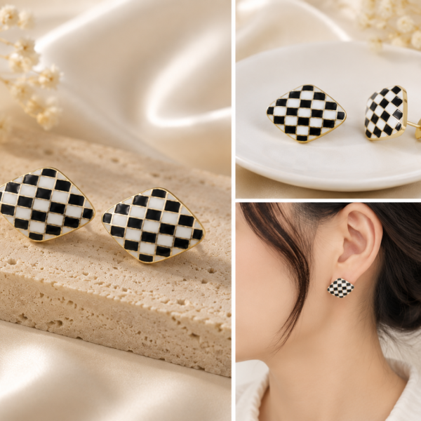checkerboard enamel stud earrings with gold-tone trim and silver needle posts displayed in a luxury jewelry setting.
