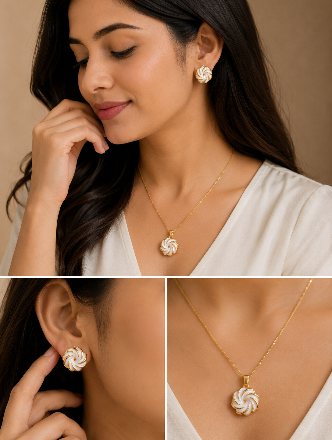 Second image of Gold-Plated Swirl Pendant Necklace & Stud Earrings Set